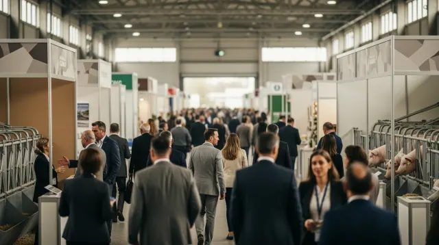 Grupo de personas visitando stands en una feria o evento comercial en un recinto